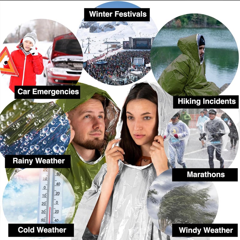 aZengear Emergency Survival Poncho (4pc) Thermal Mylar Foil Blanket for Heat Retention and Rain | Reversible with Hood | Waterproof, Windproof, Portable, Hands-Free, Outdoor Kit (Green) - Image 5